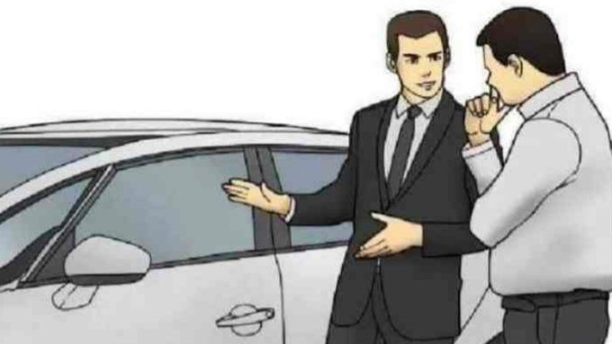 A cartoon image shows a man in a black suit (likely a car salesman) gesturing toward a white car while speaking with a thoughtful customer in a gray shirt, appearing to pitch the vehicle's features or storage capacity in a humorous, meme-like style.