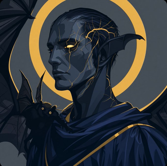 A dark fantasy digital illustration of a vampire-like figure with pointed ears, glowing golden eyes, and gold vein-like patterns across his grey-blue skin, set against a golden halo, with a small black bat creature perched on his shoulder.