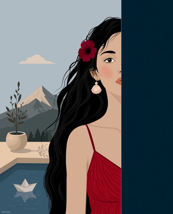 A stylized illustration of a woman with long flowing black hair, a red flower accessory, a shell earring, and a red top, set against a background of mountains and a pool with a paper boat.