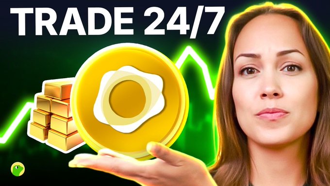 A woman presents a large gold coin and gold bars beside the bold text "TRADE 24/7," with a green upward chart line in the background—visually echoing the post's message that tokenized gold enables nonstop trading while traditional $GLD markets pause for 62 hours every weekend.