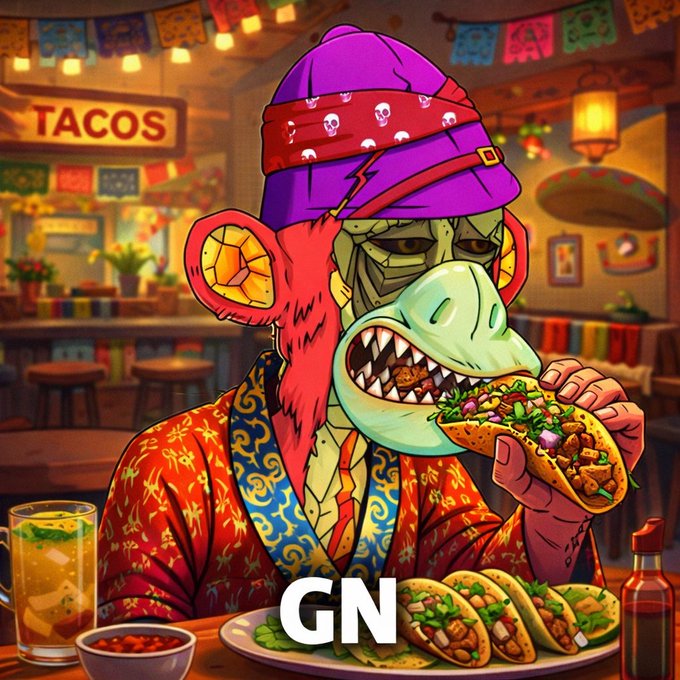An illustrated cartoon of a green-skinned zombie-like monkey character in a red patterned robe and purple skull bandana eating tacos in a taco restaurant, with "GN" text overlaid at the bottom.