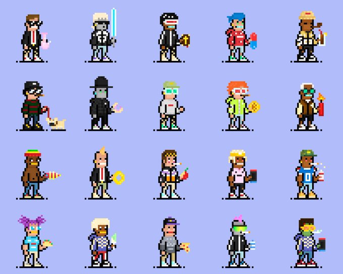 A grid of 20 pixel-art character sprites on a light blue background, featuring various stylized figures in different outfits and holding items.