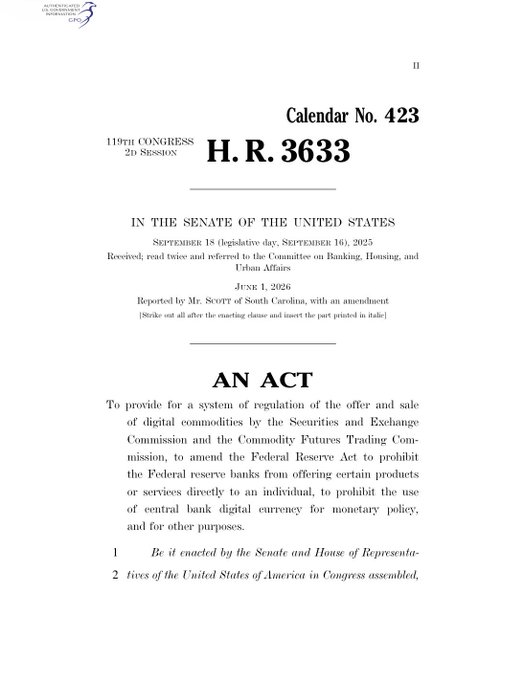 The image shows a Senate calendar entry (No. 423) for H.R. 3633, the "CLARITY Act," a bill introduced in the Senate on September 16, 2025, and reported by Mr. Scott of South Carolina on June 1, 2026, which aims to establish SEC regulation of digital commodities, create a Commodity Futures Trading Commission oversight framework, and prohibit a central bank digital currency and direct Fed retail products.

The caption relates directly to the post by confirming the legislative vehicle behind this anticipated weekend development—a formal congressional bill on the Senate calendar—giving the "all eyes on Washington" moment tangible substance rather than just speculation.