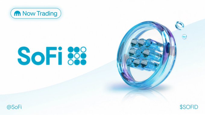A promotional graphic announcing that SoFi's stablecoin $SOFID is "Now Trading" on Kraken, featuring the SoFi logo alongside a stylized blue circular design resembling a stablecoin or token.