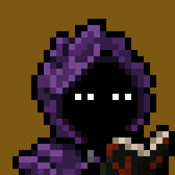 A pixel art character with dark purple hooded features, glowing white eyes, and a tan scarf stands against a brown background. The hooded figure represents the "Chain Mancer" NFT the user sniped from the LP pool on the Anvil marketplace, embodying the rare digital collectible they acquired.