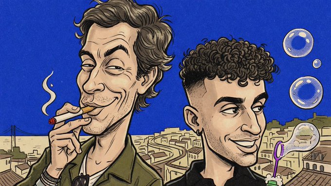 A colorful digital illustration of two young men smiling against a blue background with a cityscape and soap bubbles; one is smoking a cigarette.