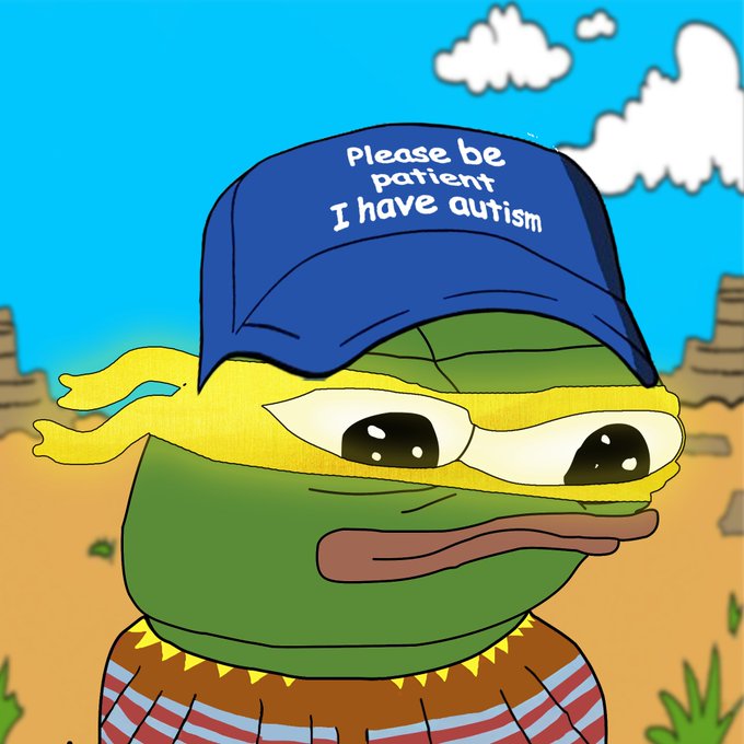 A cartoon image of Pepe the Frog wearing a blue cap that reads 'Please be patient I have autism' against a desert landscape background.