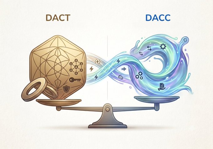 An illustration contrasts 'DACT' (represented by a golden, solid geometric shape with a key and shield) with 'DACC' (depicted as a flowing, ethereal blue and purple form with digital icons), balanced on a scale.