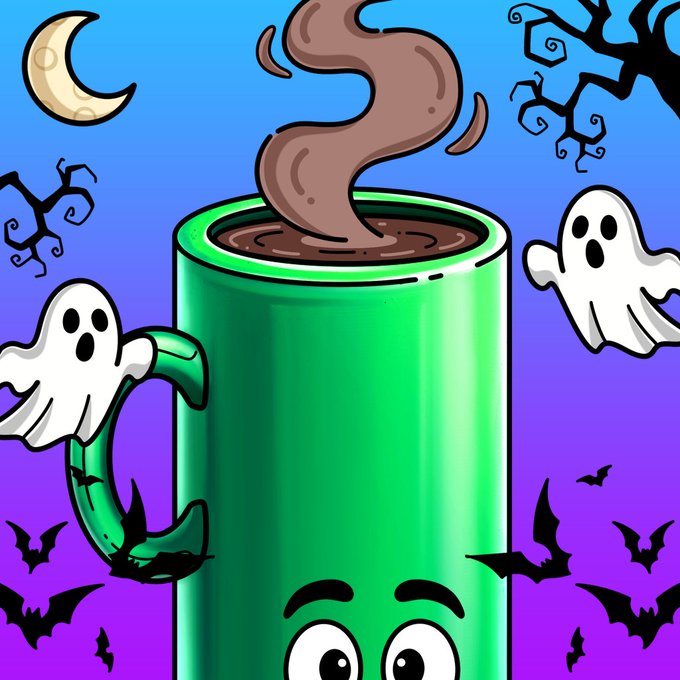 A cartoon illustration featuring a large green mug filled with steaming coffee, decorated with a smiling face, surrounded by Halloween elements like white ghosts, black bats, a crescent moon, and spooky tree branches against a purple and blue gradient background.