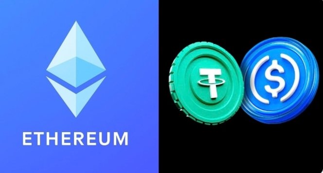 The image is split into two halves: the left shows the Ethereum logo with "ETHEREUM" text, while the right displays Tether (USDT) and USDC stablecoin icons against a black background, visually representing the post's announcement about the 2027 Hegotá upgrade allowing users to pay Ethereum gas fees with stablecoins instead of ETH.