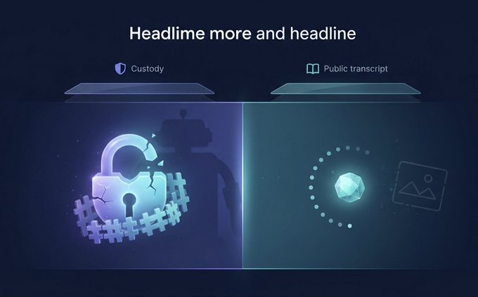 A digital graphic titled 'Headlime more and headline' compares two security concepts with icons: a broken padlock labeled 'Custody' on the left and a glowing node labeled 'Public transcript' on the right.