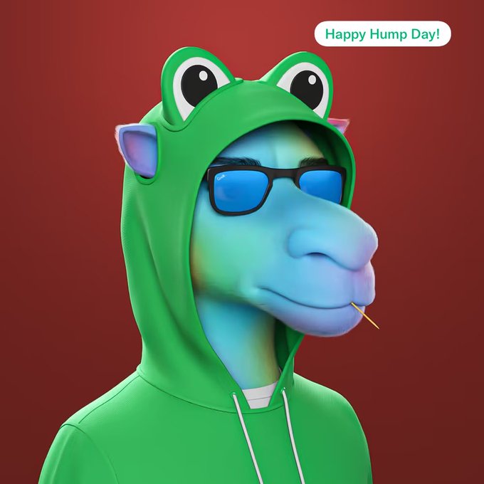 A 3D rendered blue dragon-like character wearing a green frog hoodie and blue sunglasses with a speech bubble reading 'Happy Hump Day!' against a red background.