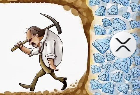 The image features a cartoon man holding a shovel, walking through a pile of diamonds. The caption above the image reads "MOST OF $XRP HOLDERS RIGHT NOW: REMEMBER THAT GOOD THINGS ALWAYS TAKE TIME - WE ARE CLOSER THAN EVER!". This message is related to the post about Bitcoin and cryptocurrency, as it emphasizes the importance of patience and long-term thinking when investing in digital assets like Bitcoin.