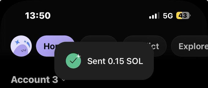 A phone screenshot shows a notification reading "Sent 0.15 SOL" at 13:50, corresponding to the "$20 Sent! Whos next?" giveaway post and proving the $20 SOL giveaway transaction was completed.