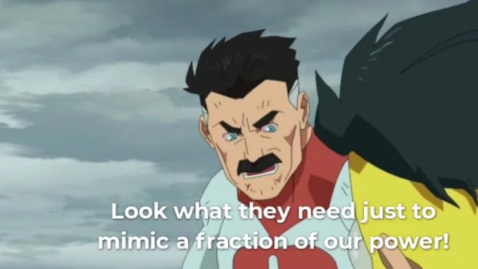 A stern, mustachioed animated character (resembling Omni-Man from *Invincible*) scowls at another figure, with the caption: "Look what they need just to mimic a fraction of our power!" — humorously depicting dominance over a competitor, fitting the post's mocking tone toward PumpFun trying to imitate stonkfun.