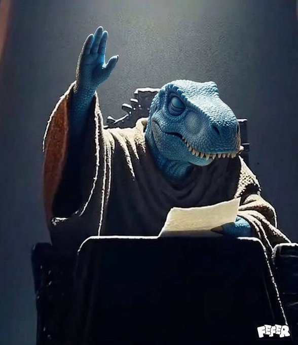 A digital illustration by Peter titled 'PEPER' showing a blue dinosaur-like character in robes sitting at a podium with one hand raised.