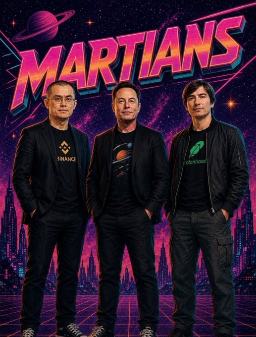 A retro-style synthwave poster titled 'MARTIANS' featuring three men wearing shirts with Binance, SpaceX, and Robinhood logos against a neon purple cityscape and starry sky.