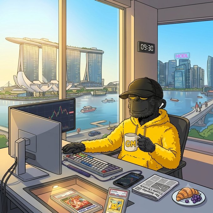 An anthropomorphic gorilla wearing a yellow hoodie and cap sits at a desk with multiple monitors displaying trading charts, holding a mug labeled "GM" with the iconic Marina Bay Sands skyline visible through the window. The scene captures the "GM" (good morning) sentiment of the post, depicting a relaxed trading morning with a croissant, newspaper, and city view at 09:30, matching the casual, community-focused vibe of wishing mutuals a happy new month.