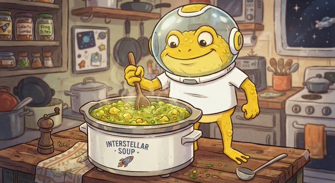 A cartoon illustration of a yellow frog wearing an astronaut helmet stirring a large pot of 'Interstellar Soup' in a cozy kitchen.