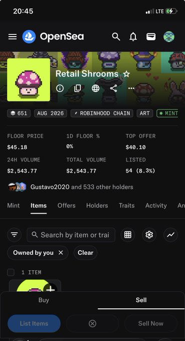 OpenSea mobile app screenshot displaying the 'Retail Shrooms' NFT collection, showing a floor price of $45.18, 651 items, and 24H volume of $2,543.77.