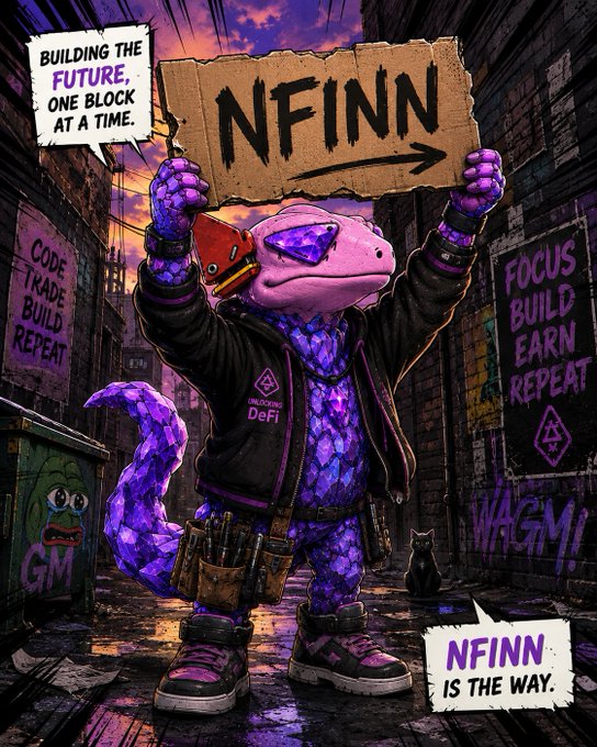 A purple lizard-like mascot wearing a 'LedgerX DeFi' jacket holds up a cardboard sign reading 'NFINN' with text proclaiming 'BUILDING THE FUTURE, ONE BLOCK AT A TIME' and 'NFINN IS THE WAY.'