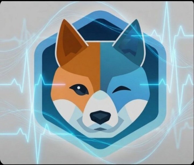 The image features a stylized dog mascot with half orange and half blue coloring inside a hexagonal shield, set against a background of pulsing heartbeat/heart monitor lines. The split-color design and "AI" theme tie directly to the $AIDOGE token mentioned in the post, visually representing the meme coin's branding as it draws parallels to $SHIB's potential explosive growth.