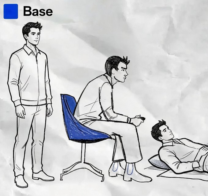 A sketch on crumpled paper shows a man standing, another sitting on a blue chair, and a third lying down, with a blue color swatch labeled 'Base' in the corner.