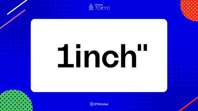 The image displays "1inch" prominently in a white box on a blue background featuring ETHGlobal Tokyo branding. It likely represents the 1inch project's involvement or recognition at the ETHGlobal Tokyo 2026 hackathon.