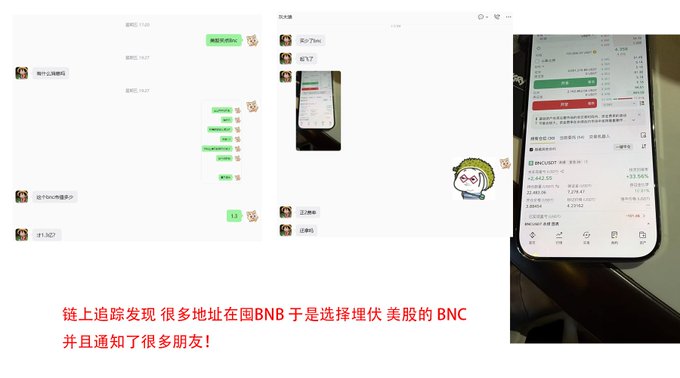 Screenshots of chat messages and a mobile app interface, accompanied by Chinese text reading '链上追踪发现 很多地址在囤BNB 于是选择埋伏 美股的 BNC 并且通知了很多朋友！' (On-chain tracking found that many addresses are hoarding BNB, so I chose to ambush the US stock BNC and notified many friends!).
