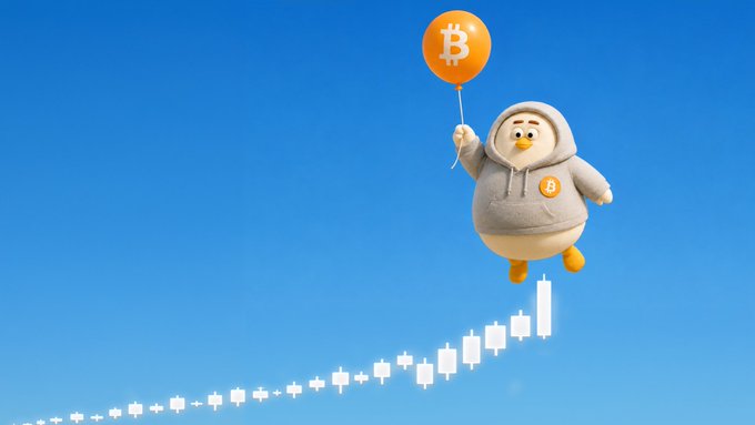 An animated penguin in a Bitcoin-themed hoodie floats upward using a Bitcoin-branded balloon, soaring over an ascending candlestick chart against a bright blue sky—visually reinforcing the post's message that the price trajectory is "the only way is up."