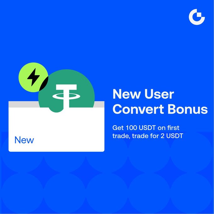 A promotional banner with a blue background features a stylized card displaying "New" alongside a Tether (USDT) symbol and a lightning bolt icon, promoting a "New User Convert Bonus" that offers 100 USDT on a first trade plus an additional 2 USDT bonus, complementing the Gate Convert rewards announcement.
