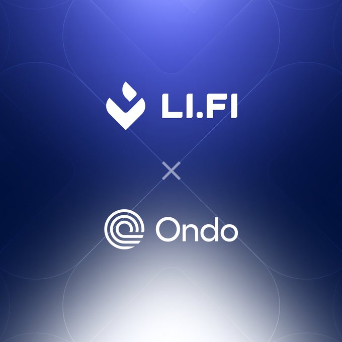 The image shows the LI.FI and Ondo logos with an "×" between them on a blue gradient background, visually representing the partnership announcement for Ondo's tokenized stocks now being available for 24/7 trading through LI.FI's integration.