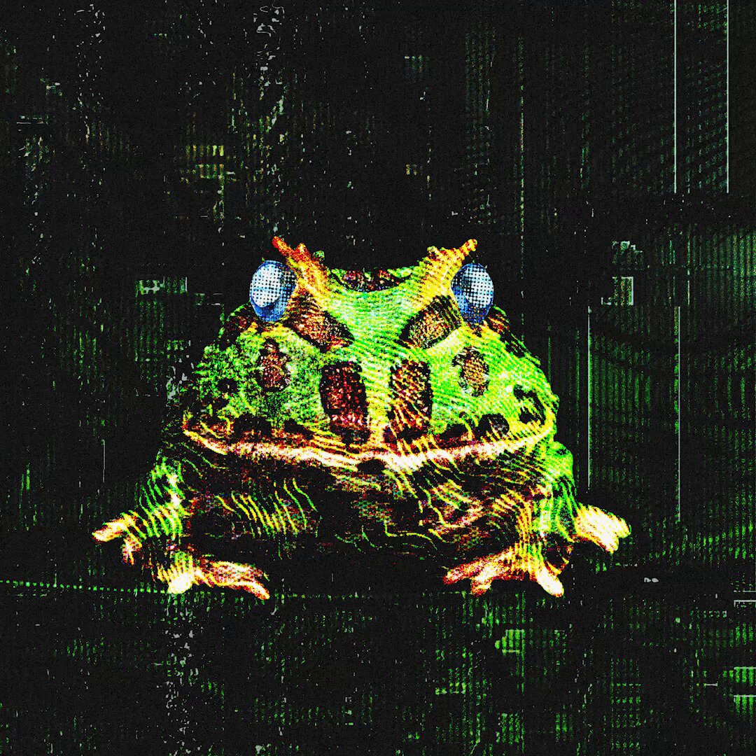 The image features a frog with green skin, yellow spots, and blue eyes, giving it an unusual appearance. The frog is facing towards the camera, making it the main focus of the photo. The background consists of black lines and dots, which create a striking contrast against the vibrant colors of the frog's skin. The caption below the image reads "fr0̷g_012 available for private sale. dm for fr0̷g." This suggests that the frog is being sold privately or is part of an online marketplace where it can be bought and sold by interested buyers.