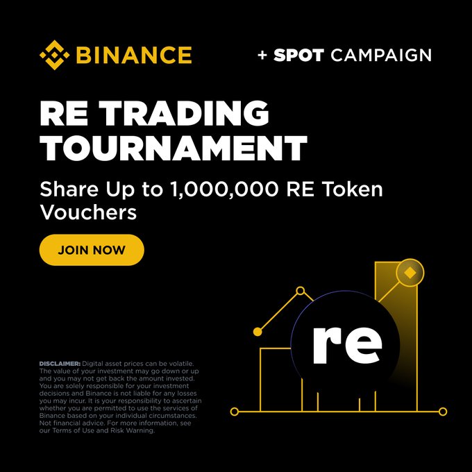 The image is a Binance promotional banner for the "RE Trading Tournament" Spot Campaign, offering users a share of up to 1,000,000 RE Token vouchers, with a "JOIN NOW" button and the RE token logo displayed against a dark background. It directly supports the post's announcement by visually reinforcing the tournament's prize pool and branding.