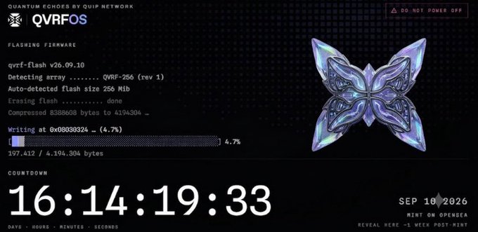 A terminal screen showing 'QUANTUM ECHOES BY QUIP NETWORK - QVRFOS' flashing firmware, with 'qvr-flash v26.09.10' erasing data, and a countdown timer of 16:14:19:33 to reveal time on September 10, 2026.