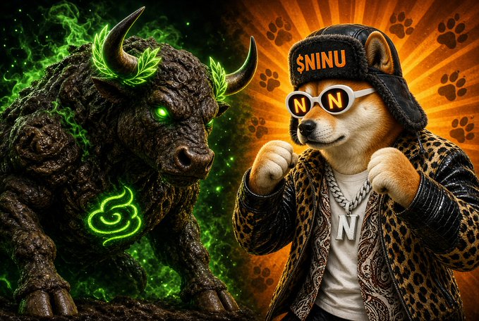 Split-screen illustration showing a menacing, mossy green bull-like creature with glowing green eyes and horns on the left, contrasted against an anthropomorphic dog character on the right wearing a leopard-print jacket, white sunglasses, a chain with an 'N' pendant, and a black hat reading 'SNINU'.