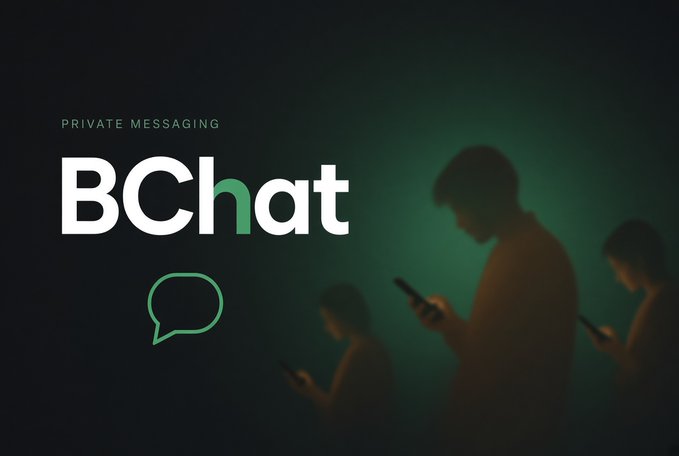 A dark promotional graphic for BChat featuring the text "PRIVATE MESSAGING" above the white "BChat" logo with a green speech bubble icon, set against a dim background showing silhouettes of people using smartphones bathed in green and orange light.