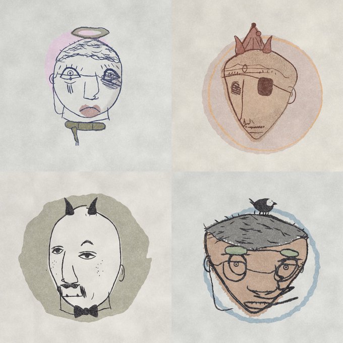 Four hand-drawn sketches of quirky, stylized faces, including one with horns and a bow tie, and another wearing glasses with a bird perched on its head.
