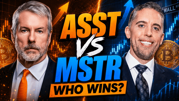 The image is a YouTube thumbnail featuring two men in suits facing off with bold text reading "ASST VS MSTR WHO WINS?" set against a background of stock charts and Bitcoin graphics, promoting a video comparing ASSET (Michael Saylor) versus MicroStrategy (MSTR) as part of the creator's Bitcoin-focused channel content.