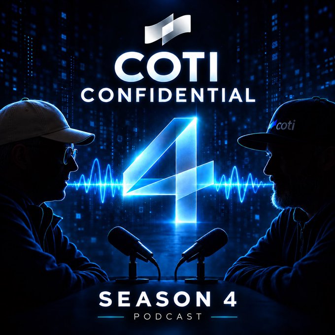 Cover art for the 'COTI Confidential Season 4 Podcast,' showing silhouettes of two men wearing caps facing each other across a glowing blue number '4' and microphones.