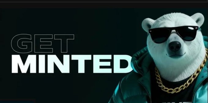 A stylized graphic featuring a polar bear wearing sunglasses and a gold chain, next to the text 'GET MINTED'.