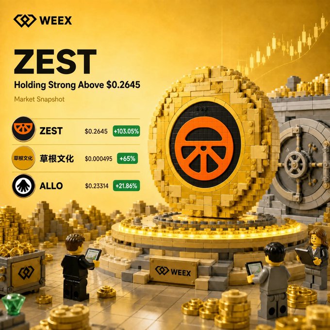 The image features a large golden coin with an orange circle, which appears to be a ZEST token. The coin is surrounded by gold bricks, creating a unique and eye-catching display. In front of the coin, there are four people standing around it, each holding a small object in their hands. One person has a tablet computer, while another holds a book. A third person is wearing a tie. The background of the image shows a market snapshot with various stock symbols and numbers displayed on it.