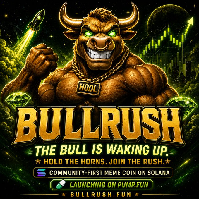 A promotional poster for 'BULLRUSH' cryptocurrency, featuring a muscular cartoon bull with green eyes wearing a 'HODL' chain, with text reading 'THE BULL IS WAKING UP. HOLD THE HORNS. JOIN THE RUSH.' and 'COMMUNITY-FIRST MEME COIN ON SOLANA LAUNCHING ON PUMP.FUN'.