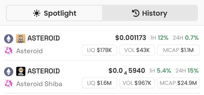 A cryptocurrency tracking app displays two Ethereum-based meme tokens in its Spotlight section: **ASTEROID** at $0.001173 (down 12% in 1H, down 0.7% in 24H) with $43K volume and a $1.1M market cap, and **ASTEROID Shiba** at $0.04594 (down 5.4% in 1H, down 15% in 24H) with $967K volume and a $24.9M market cap, suggesting these two related meme tokens are being highlighted amid a broader Ethereum meme coin resurgence.