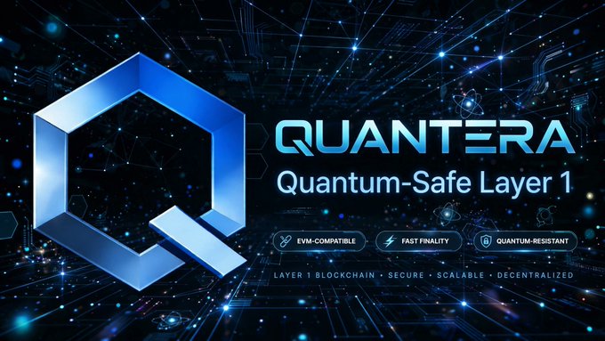 A futuristic blue and black digital banner for 'QUANTERA' with a stylized 'Q' hexagon logo, describing it as a 'Quantum-Safe Layer 1' network with features 'EVM-COMPATIBLE', 'FAST FINALITY', and 'QUANTUM-RESISTANT'.