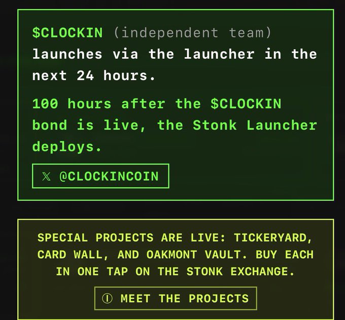 A dark-themed announcement graphic highlights the upcoming $CLOCKIN token launch by an independent team via a launcher within 24 hours, with the Stonk Launcher deploying 100 hours after the bond goes live, alongside a promotion for special projects like Tickeryard, Card Wall, and Oakmont Vault available on the Stonk Exchange, and includes the X handle @CLOCKINCOIN.