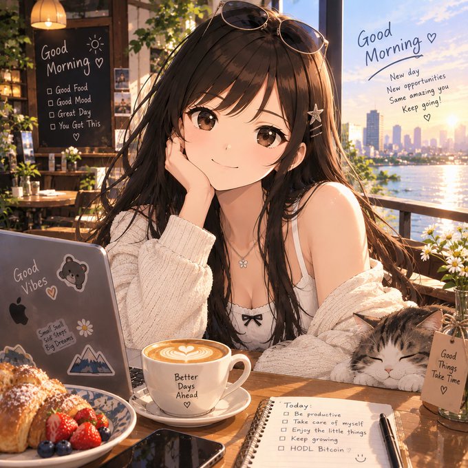 An anime-style illustration of a smiling girl with long dark hair at a café table with a laptop, latte, pastries, and a sleeping cat, accompanied by cheerful 'Good Morning' text and affirmations.