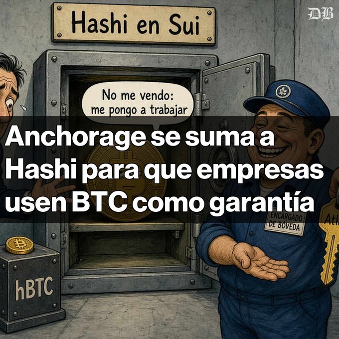 An illustration showing a vault labeled 'Hashi en Sui' with a Bitcoin coin inside, alongside a cartoon guard labeled 'ENCARGADO DE BÓVEDA', with Spanish text stating 'Anchorage se suma a Hashi para que empresas usen BTC como garantía'.