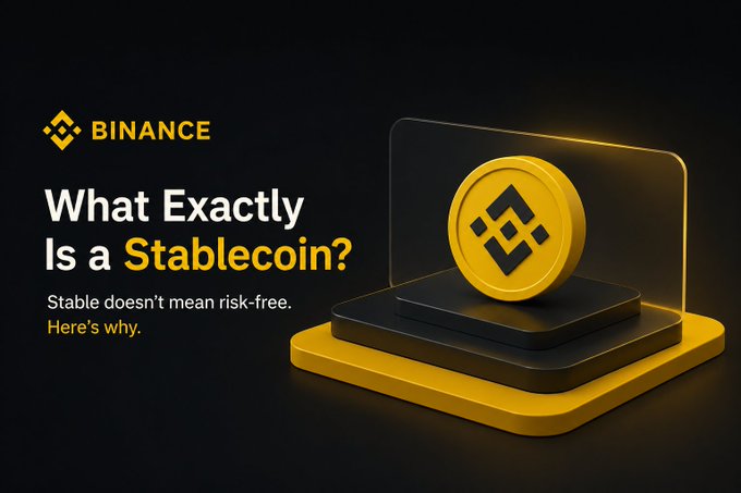 A Binance promotional graphic asking 'What Exactly Is a Stablecoin?' with the tagline 'Stable doesn't mean risk-free. Here's why.'