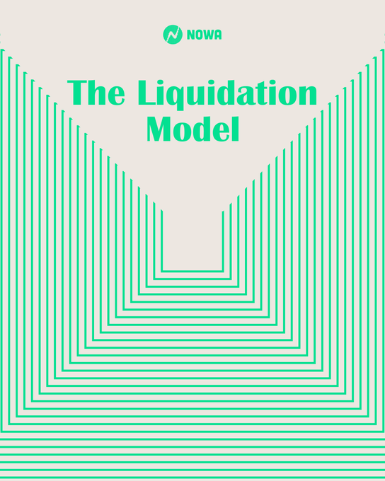 A graphic titled 'The Liquidation Model' by Nowa, featuring a teal geometric design of nested lines forming a U-shape on a cream background.